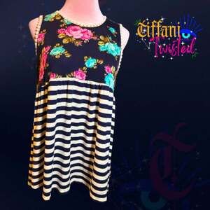 P.S. KATIE Floral & Striped Top Sleeveless Tunic with Pom Pom Trim M